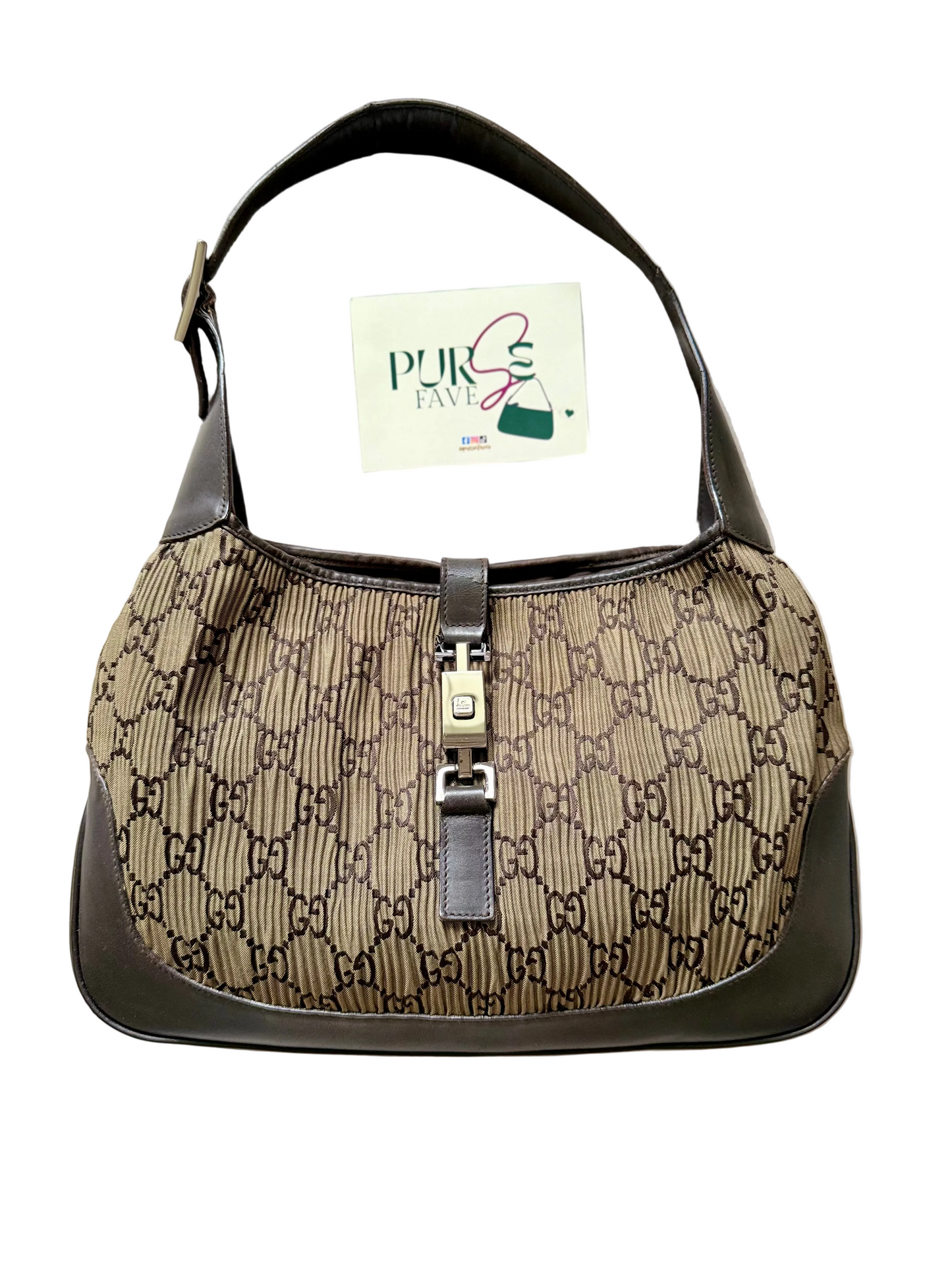Authentic GUCCI Jackie Vintage Monogram Khaki x Dark Brown Satin Ruched / Pleated Hobo Shoulder Bag (Rare/Limited)