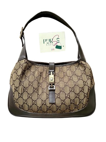 Authentic GUCCI Jackie Vintage Monogram Khaki x Dark Brown Satin Ruched / Pleated Hobo Shoulder Bag (Rare/Limited)