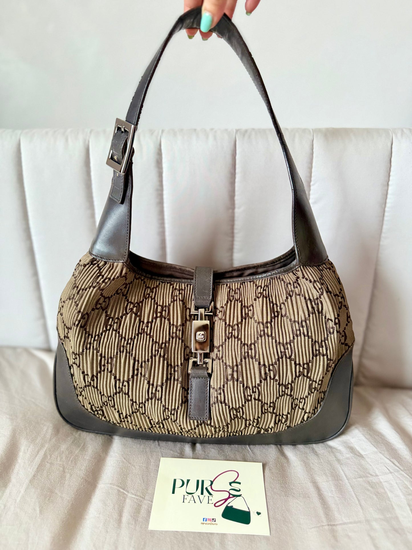Authentic GUCCI Jackie Vintage Monogram Khaki x Dark Brown Satin Ruched / Pleated Hobo Shoulder Bag (Rare/Limited)