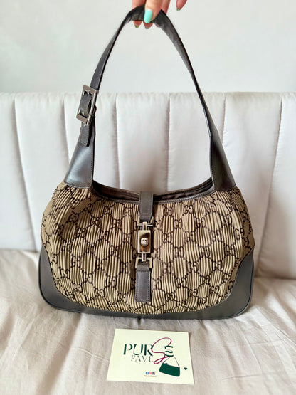 Authentic GUCCI Jackie Vintage Monogram Khaki x Dark Brown Satin Ruched / Pleated Hobo Shoulder Bag (Rare/Limited)