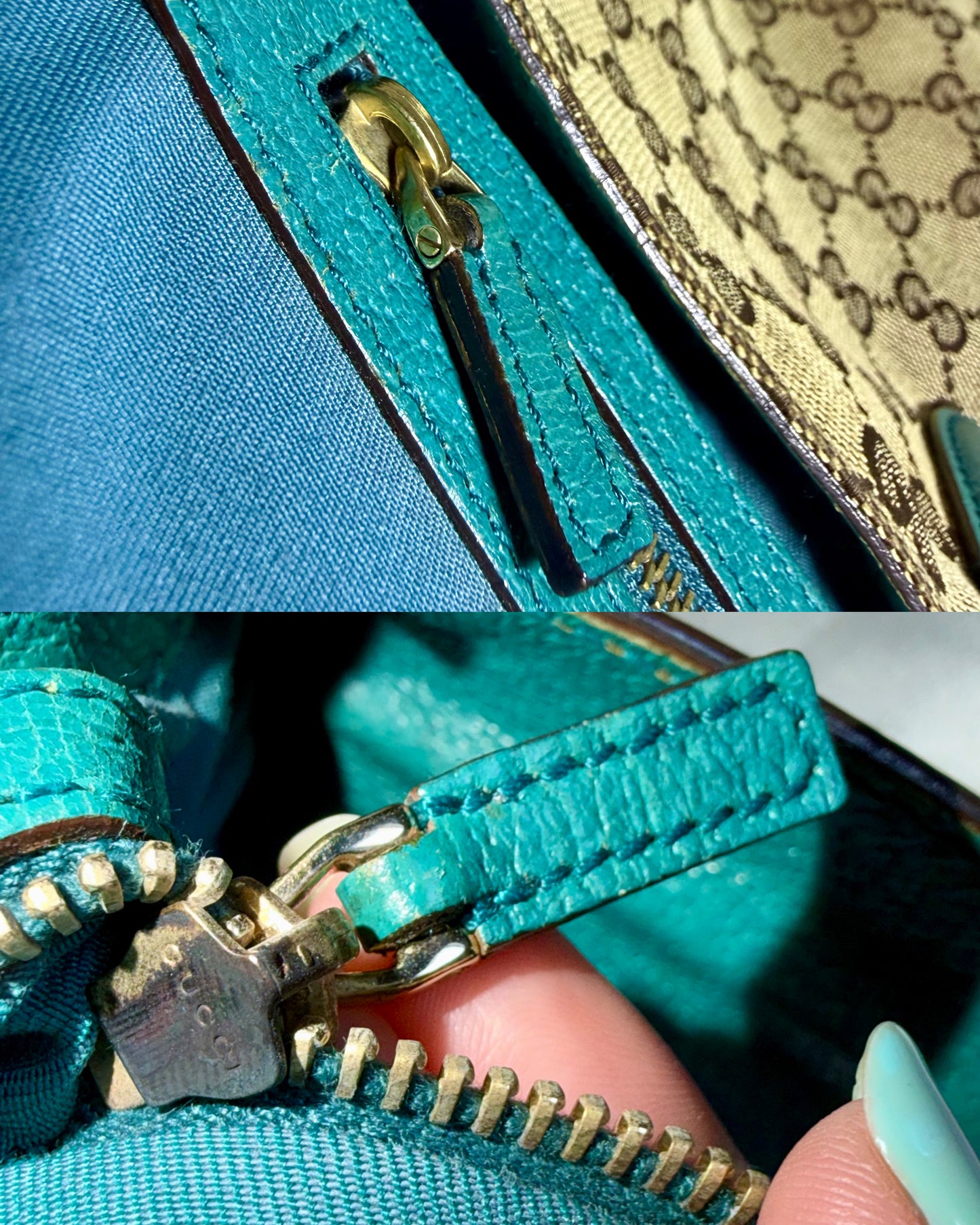 Authentic GUCCI Jackie 1961 Medium Beige GG Canvas x Teal Leather Trims Hobo Shoulder Bag