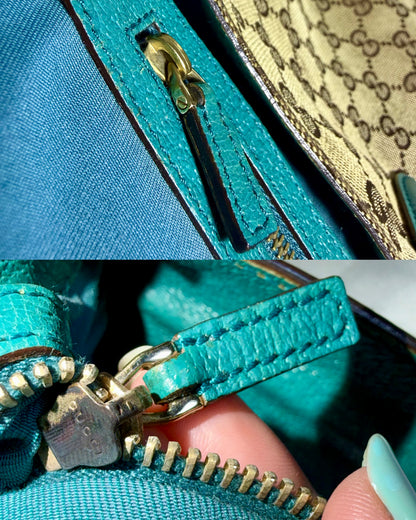 Authentic GUCCI Jackie 1961 Medium Beige GG Canvas x Teal Leather Trims Hobo Shoulder Bag