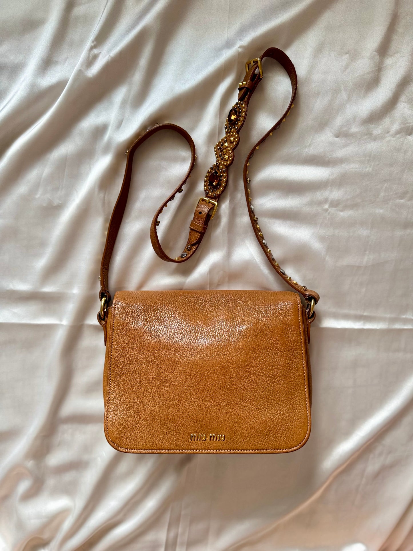 Authentic MIU MIU Madras Ribbon Camel Brown Leather Crystal Studs Embellished Shoulder Crossbody Bag