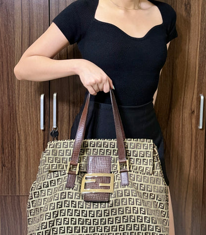 Authentic FENDI Beige / Brown Zucchino Canvas Accordion Large Shopper Tote Bag
