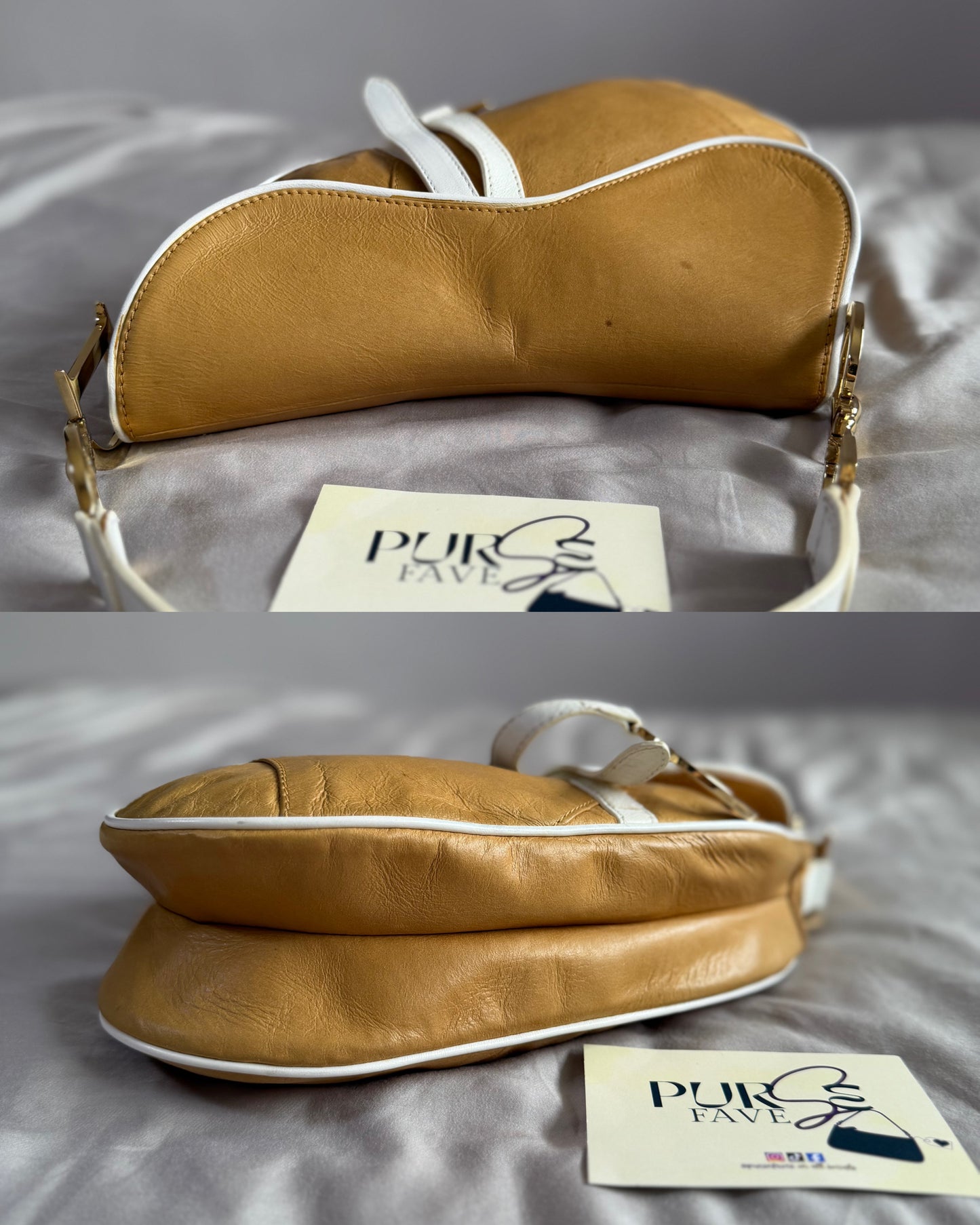 Authentic Vintage Christian Dior by John Galliano Tan Calfskin x White Leather Saddle Bag