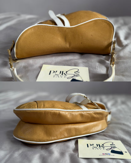 Authentic Vintage Christian Dior by John Galliano Tan Calfskin x White Leather Saddle Bag