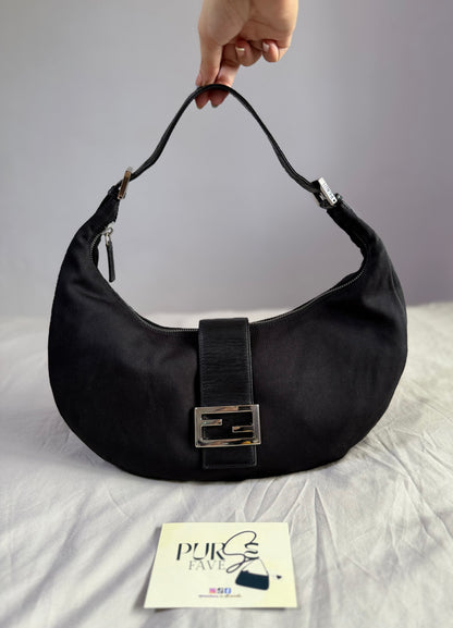Authentic FENDI Half-Moon Croissant Black Neoprene Baguette Bag