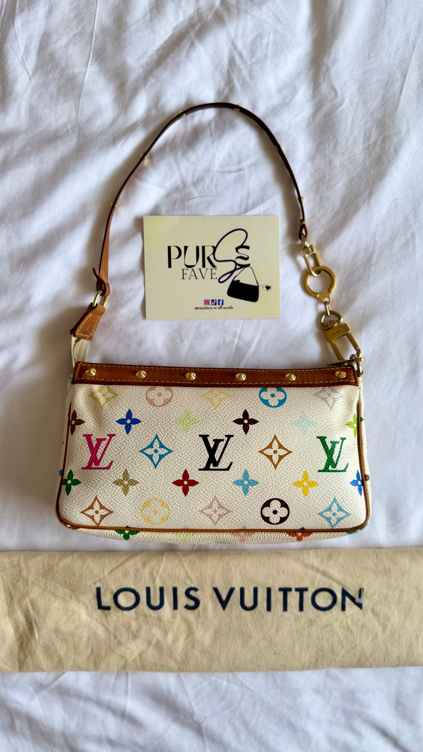 Authentic LOUIS VUITTON × TAKASHI MURAKAMI White Multicolor Pochette Shoulder Bag