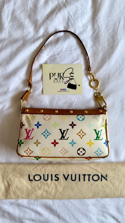 Authentic LOUIS VUITTON × TAKASHI MURAKAMI White Multicolor Pochette Shoulder Bag