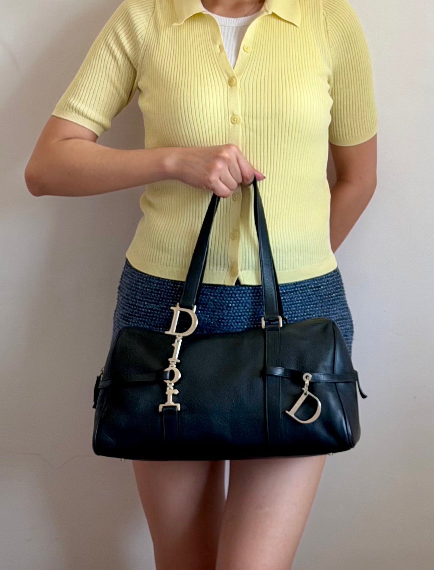 Authentic CHRISTIAN DIOR Spellout D-Charm Black Leather Bowler Boston Shoulder Bag