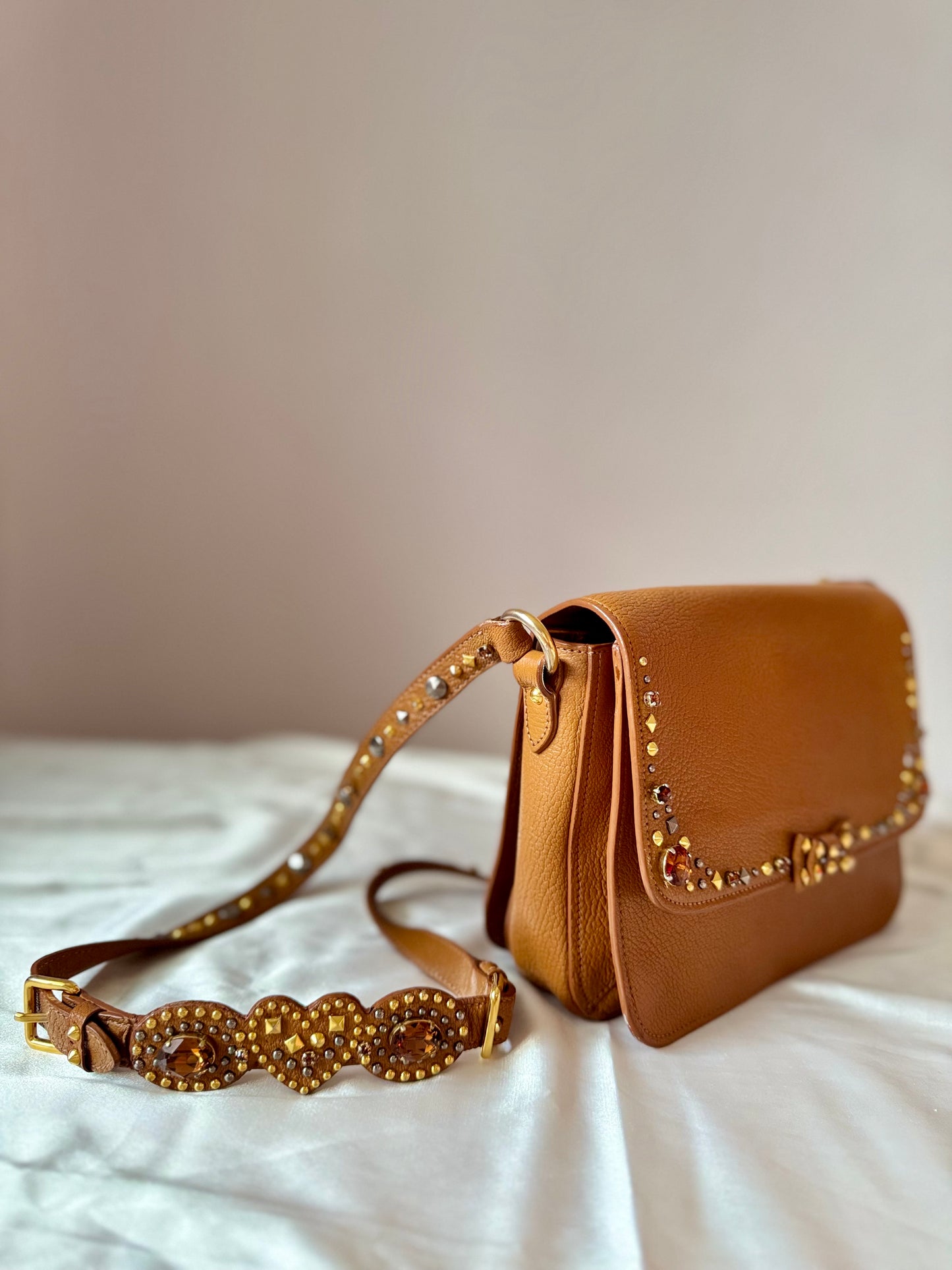 Authentic MIU MIU Madras Ribbon Camel Brown Leather Crystal Studs Embellished Shoulder Crossbody Bag