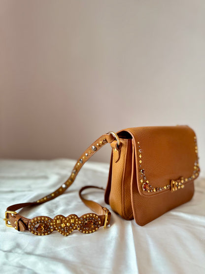 Authentic MIU MIU Madras Ribbon Camel Brown Leather Crystal Studs Embellished Shoulder Crossbody Bag