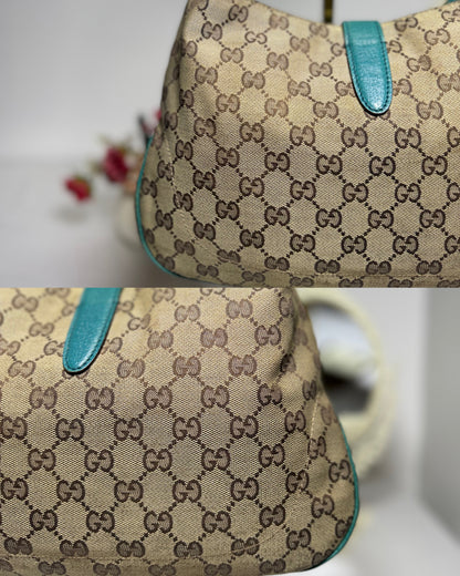 Authentic GUCCI Jackie 1961 Medium Beige GG Canvas x Teal Leather Trims Hobo Shoulder Bag