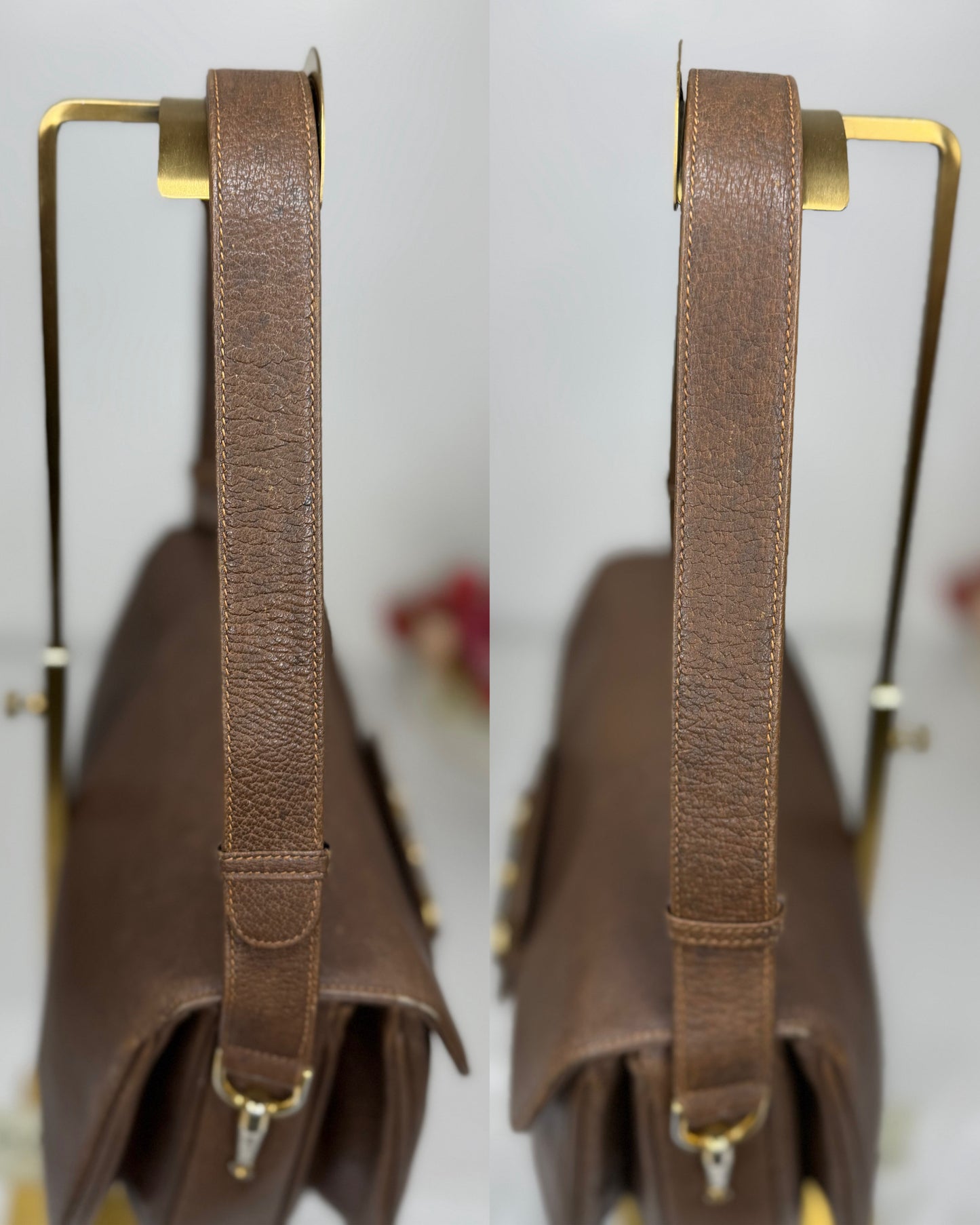 Authentic GUCCI 1955 Vintage Horsebit Shoulder & Crossbody Bag Brown Grained Leather | Mixed Gold & Silver Hardware
