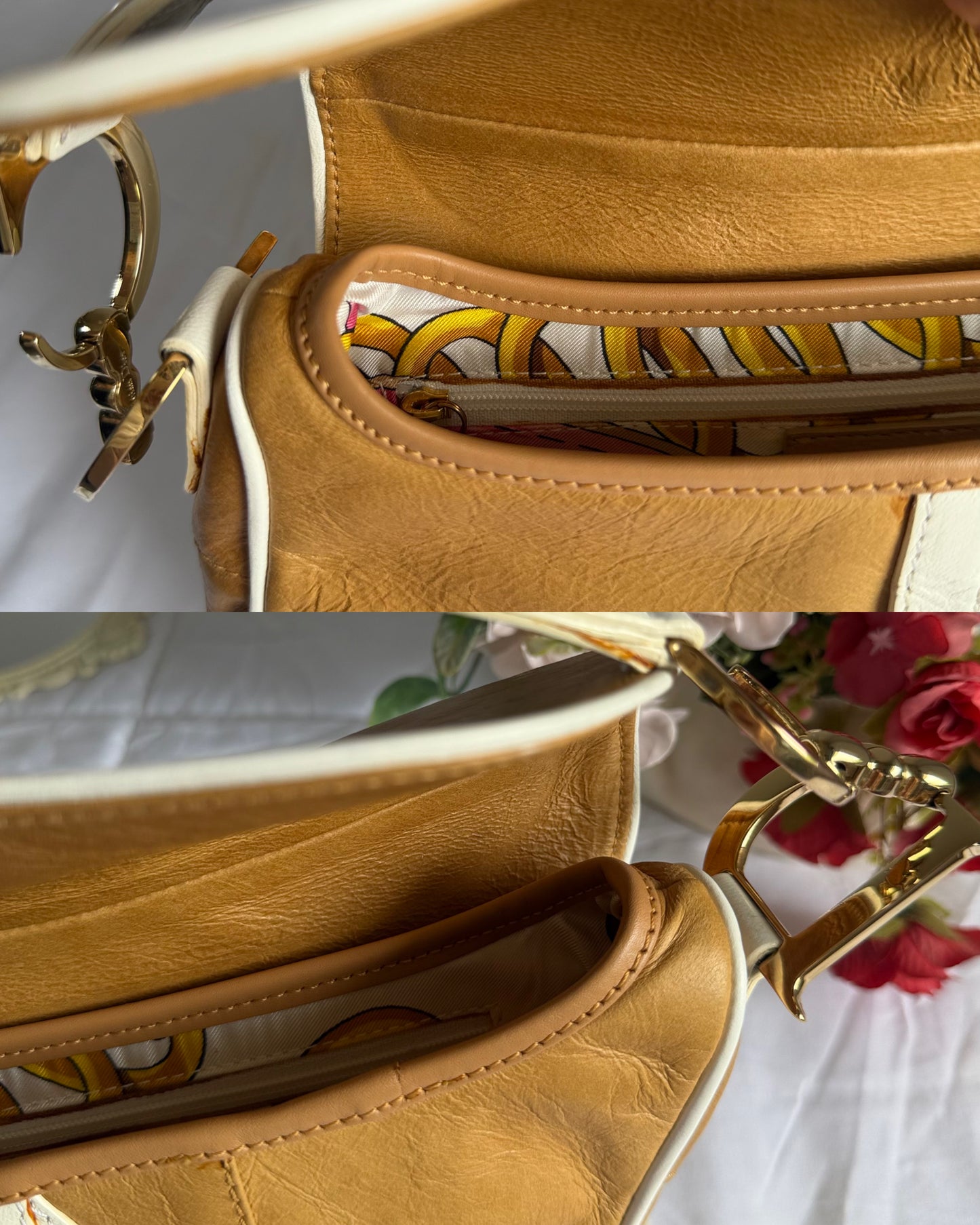 Authentic Vintage Christian Dior by John Galliano Tan Calfskin x White Leather Saddle Bag