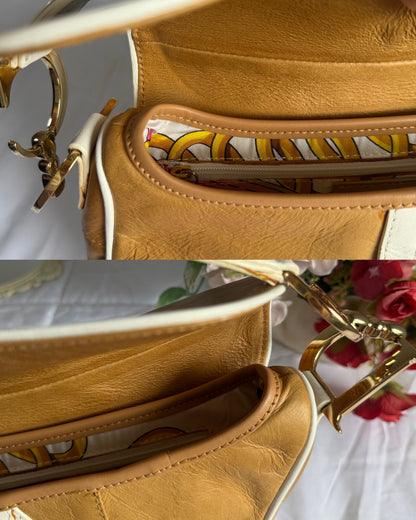 Authentic Vintage Christian Dior by John Galliano Tan Calfskin x White Leather Saddle Bag