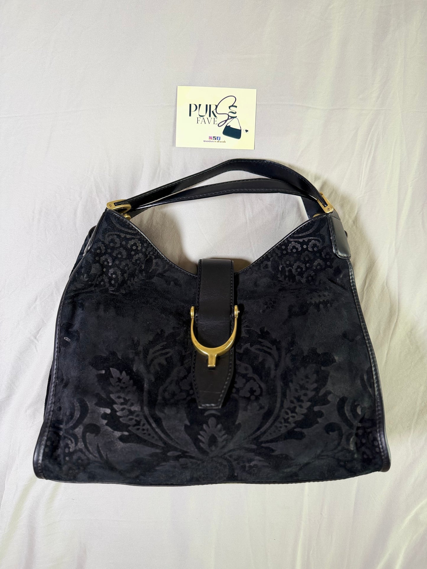 Authentic GUCCI Brocade Black Nubuck & Suede Soft Horsebit Stirrup Tote