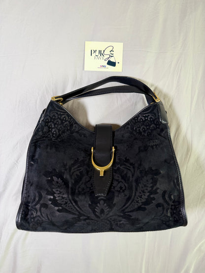 Authentic GUCCI Brocade Black Nubuck & Suede Soft Horsebit Stirrup Tote