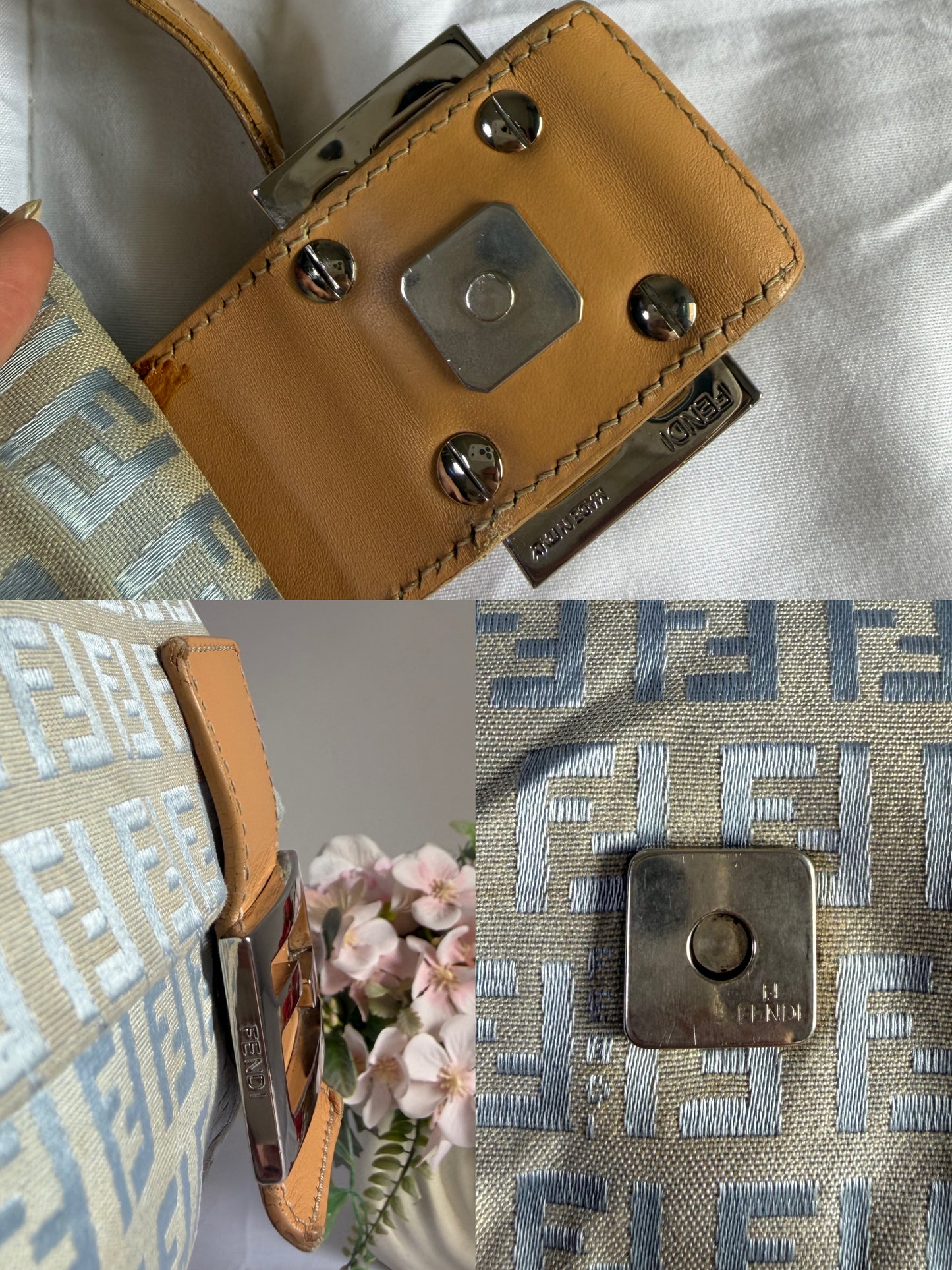 Authentic Vintage Fendi Light Blue Zucchino Canvas Mamma Baguette Shoulder Bag