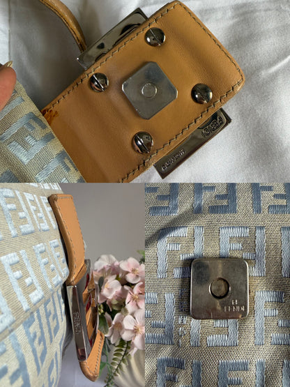 Authentic Vintage Fendi Light Blue Zucchino Canvas Mamma Baguette Shoulder Bag