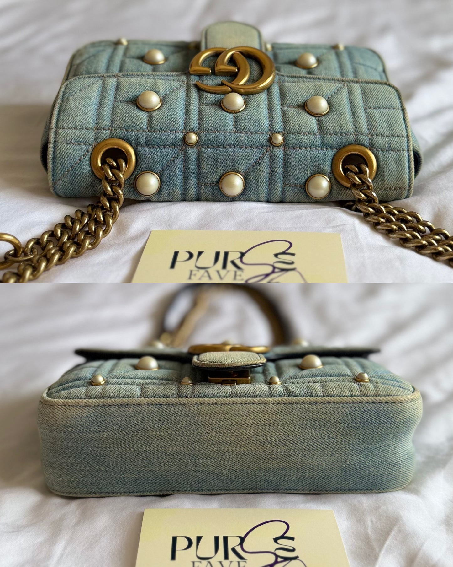 Authentic Gucci GG Marmont Matelassé Pearl Studded Blue Denim Shoulder Crossbody Bag