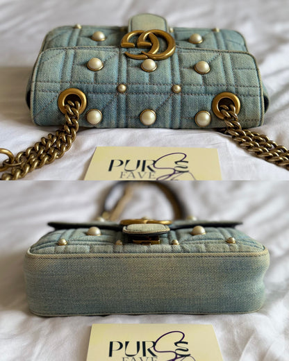 Authentic Gucci GG Marmont Matelassé Pearl Studded Blue Denim Shoulder Crossbody Bag