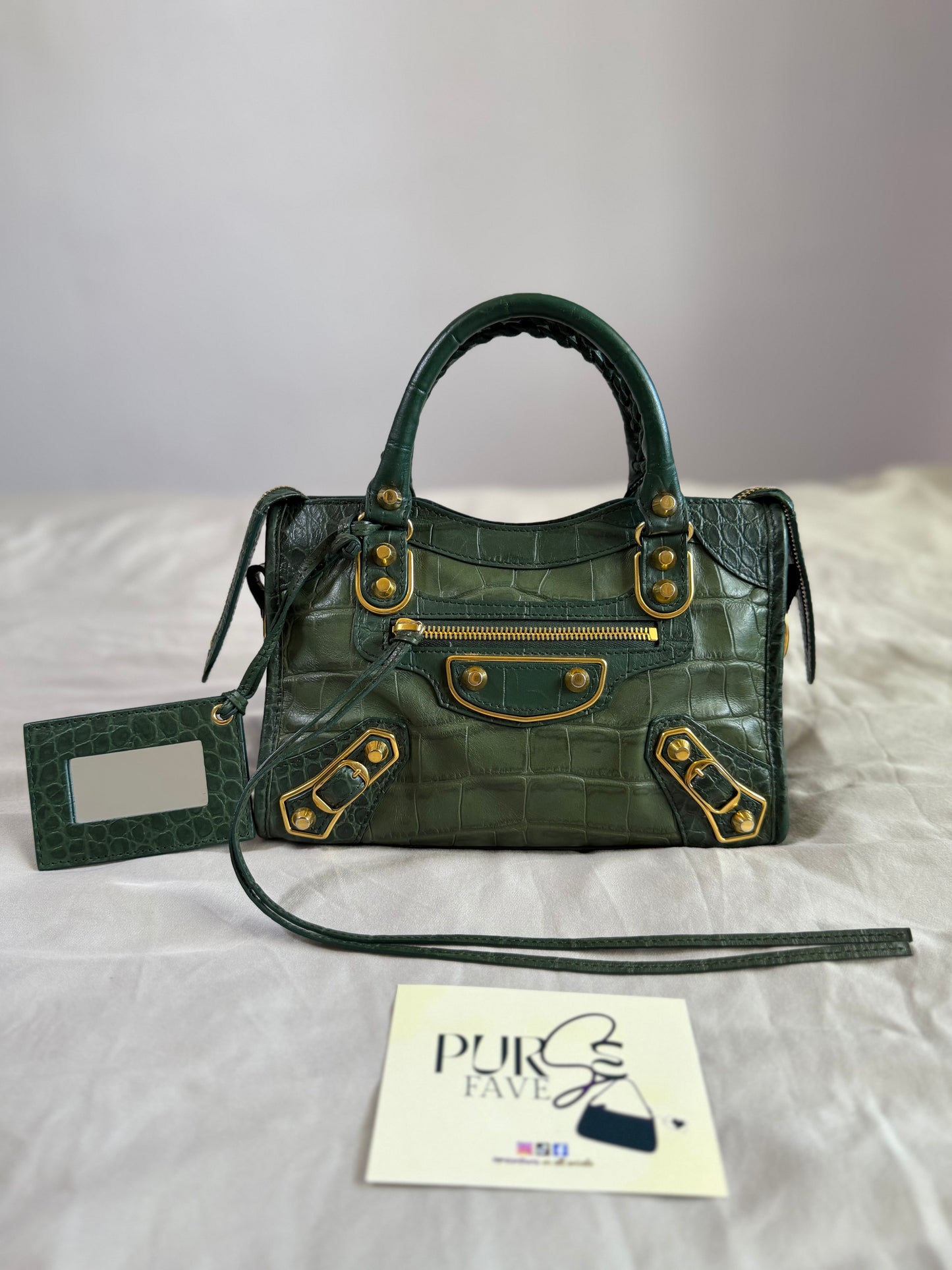 Authentic BALENCIAGA Green Croc-Embossed Leather Mini Classic Metallic Edge City Bag