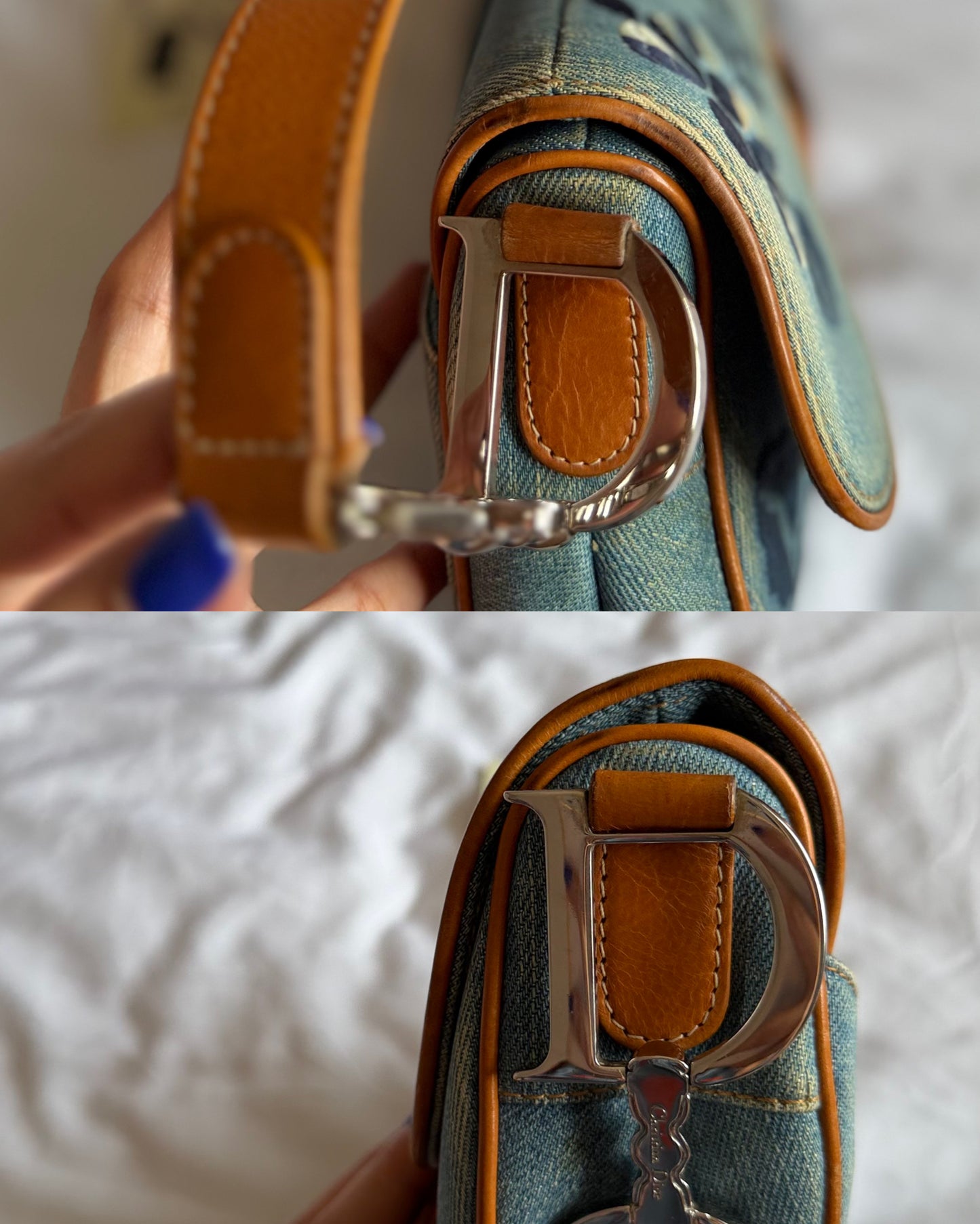 Authentic Vintage Christian Dior Light Blue Denim Saddle Shoulder Bag w/ Embroidered Floral & Butterfly Motifs