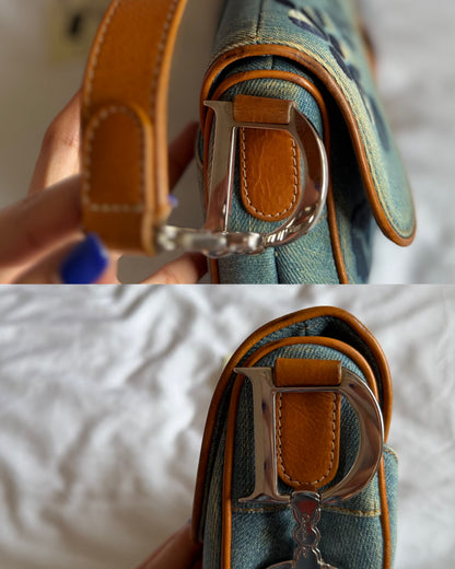 Authentic Vintage Christian Dior Light Blue Denim Saddle Shoulder Bag w/ Embroidered Floral & Butterfly Motifs