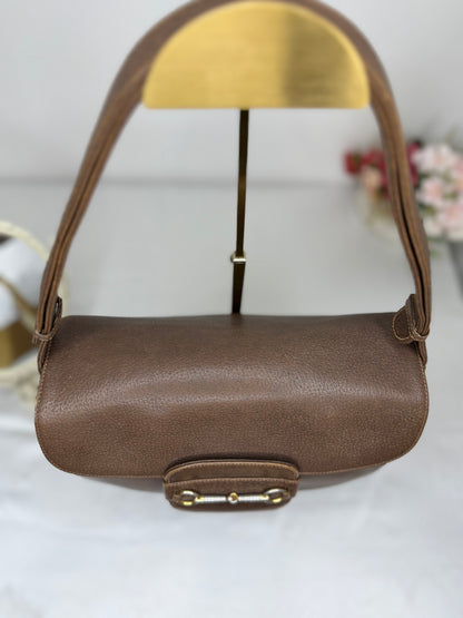 Authentic GUCCI 1955 Vintage Horsebit Shoulder & Crossbody Bag Brown Grained Leather | Mixed Gold & Silver Hardware