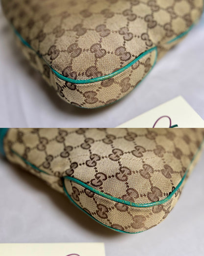 Authentic GUCCI Jackie 1961 Medium Beige GG Canvas x Teal Leather Trims Hobo Shoulder Bag