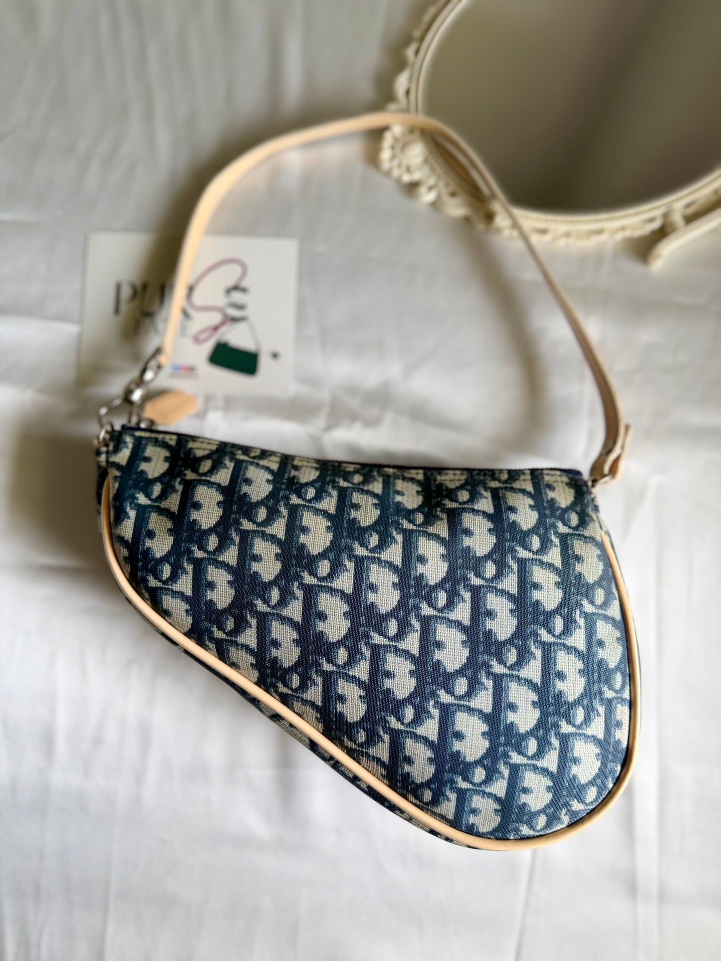 Authentic Vintage CHRISTIAN DIOR Blue Canvas Mini Saddle Pochette Bag