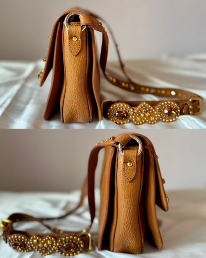 Authentic MIU MIU Madras Ribbon Camel Brown Leather Crystal Studs Embellished Shoulder Crossbody Bag