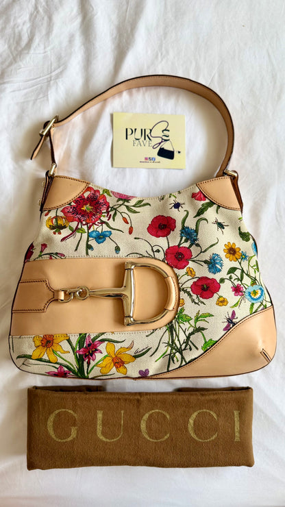 Authentic Vintage GUCCI Hasler Horsebit Flora Canvas Hobo Shoulder Bag