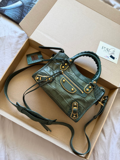 Authentic BALENCIAGA Green Croc-Embossed Leather Mini Classic Metallic Edge City Bag