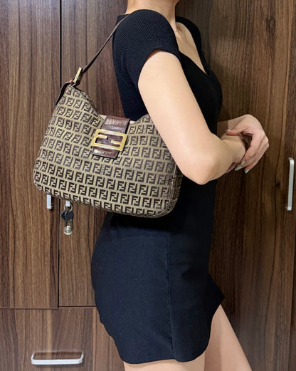 Authentic FENDI Beige / Brown Zucchino Canvas Hobo Trimmed Mamma Baguette Shoulder Bag