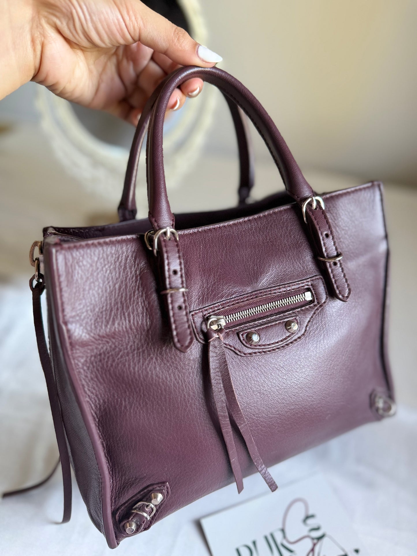 Authentic BALENCIAGA Burgundy Wine Calfskin Leather Mini Papier A4 Magnet Tote Bag