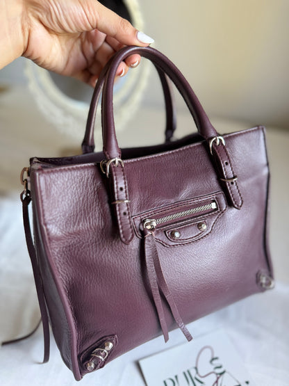 Authentic BALENCIAGA Burgundy Wine Calfskin Leather Mini Papier A4 Magnet Tote Bag