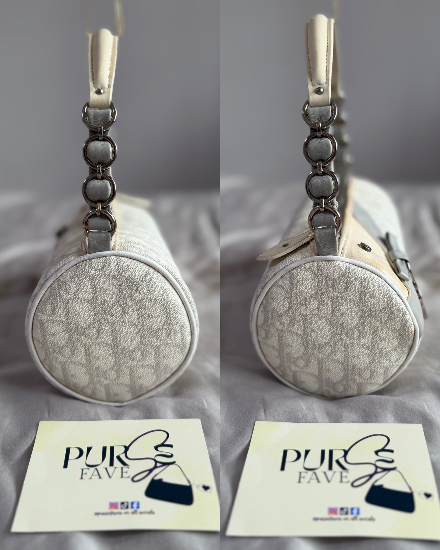 Authentic Vintage Christian Dior by John Galliano White x Grey Trotter Romantic Mini Boston Barrel Bag