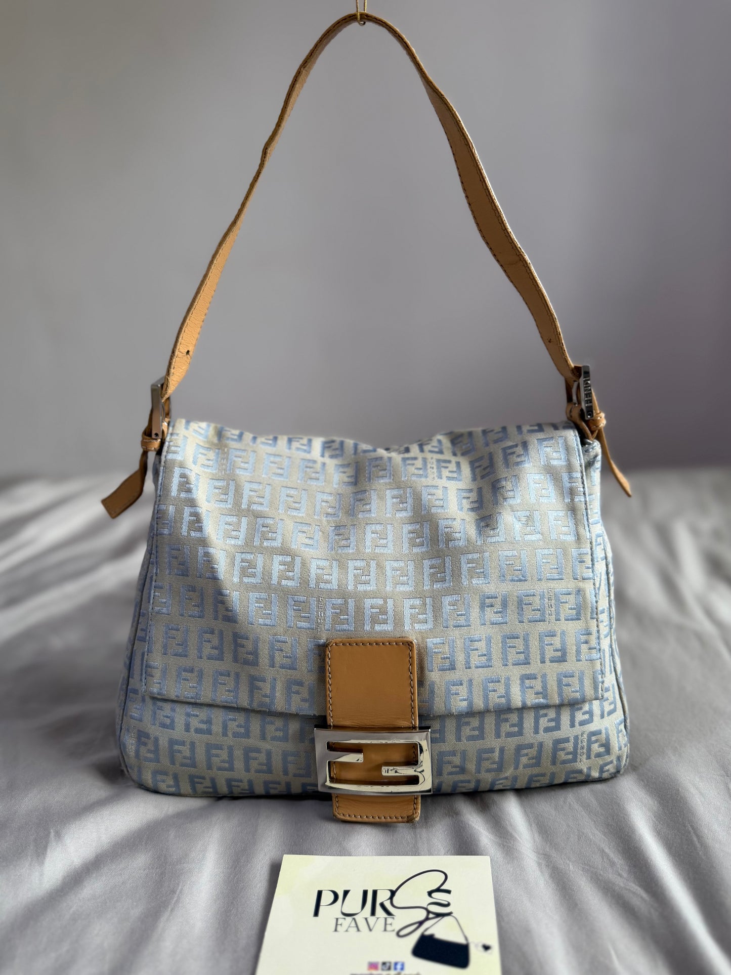 Authentic Vintage Fendi Light Blue Zucchino Canvas Mamma Baguette Shoulder Bag