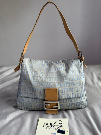 Authentic Vintage Fendi Light Blue Zucchino Canvas Mamma Baguette Shoulder Bag