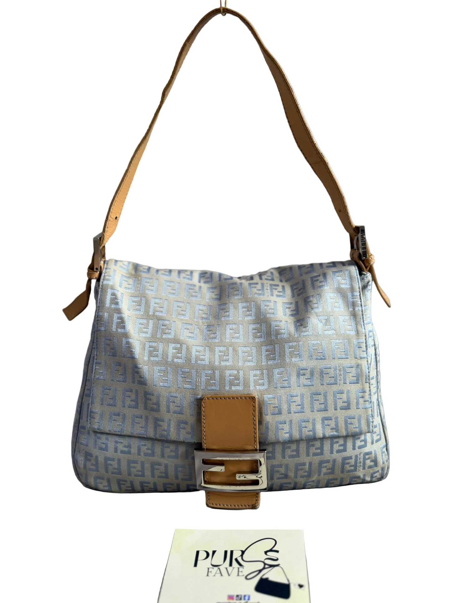 Authentic Vintage Fendi Light Blue Zucchino Canvas Mamma Baguette Shoulder Bag