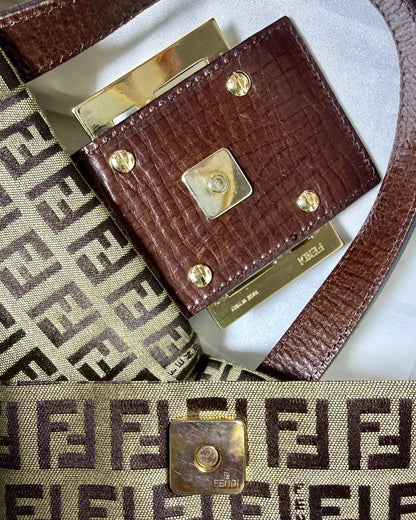 Authentic FENDI Beige / Brown Zucchino Canvas Accordion Large Shopper Tote Bag
