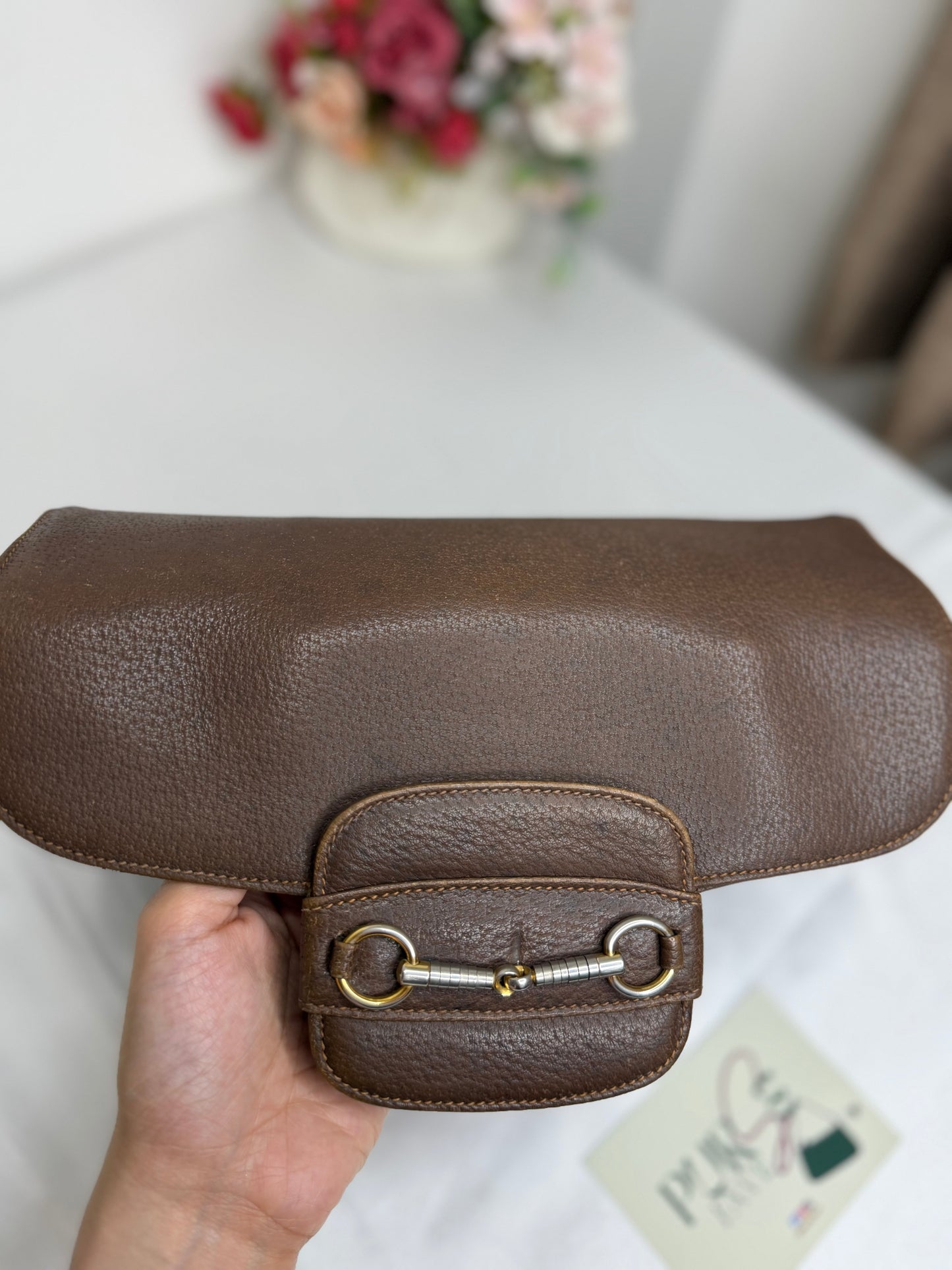 Authentic GUCCI 1955 Vintage Horsebit Shoulder & Crossbody Bag Brown Grained Leather | Mixed Gold & Silver Hardware