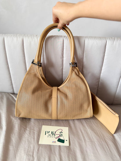 Authentic GUCCI Perforated Leather Jackie x Bardot Tan Hobo Shoulder Bag w/ Pouch (Rare/Limited)