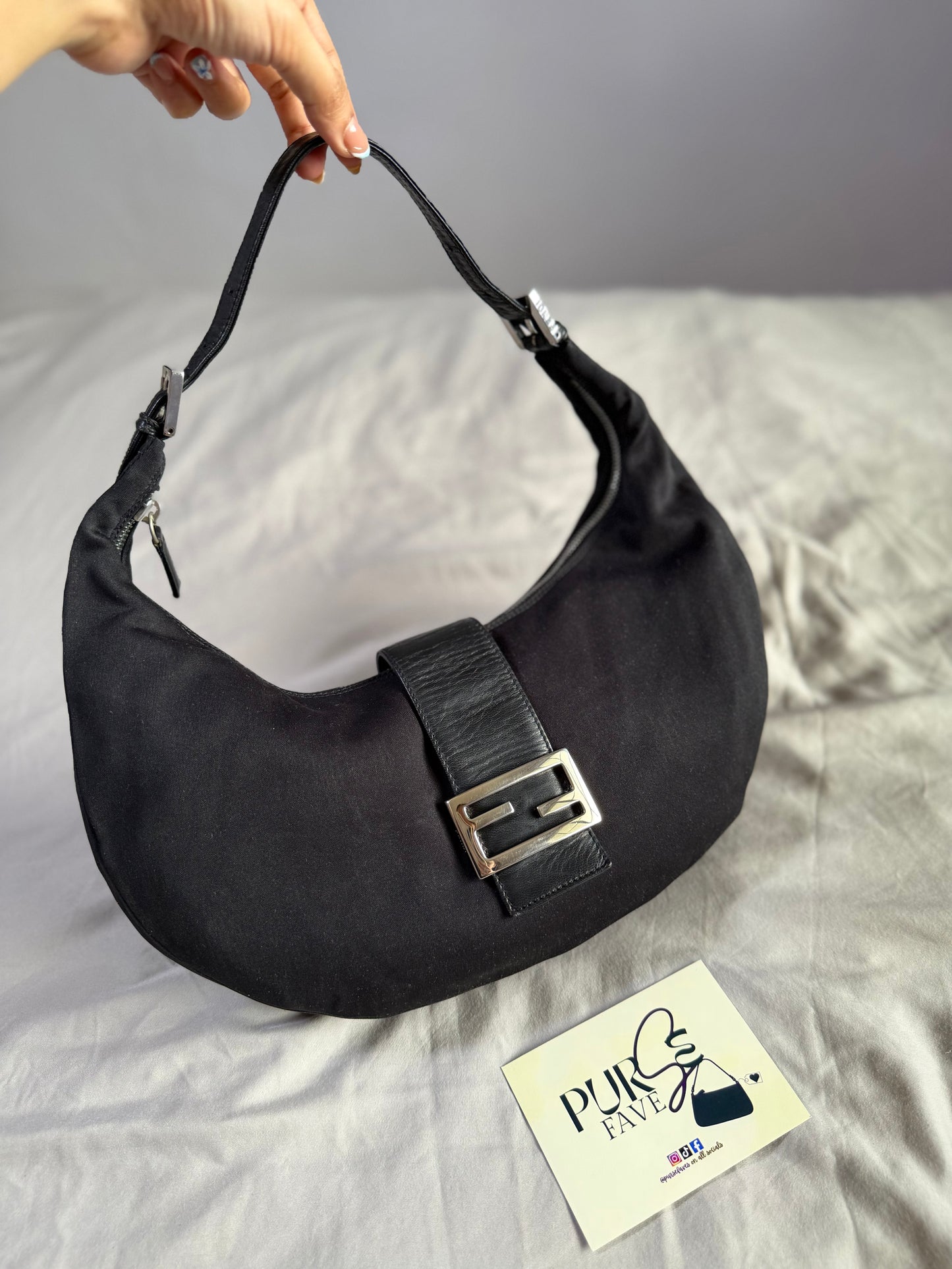 Authentic FENDI Half-Moon Croissant Black Neoprene Baguette Bag