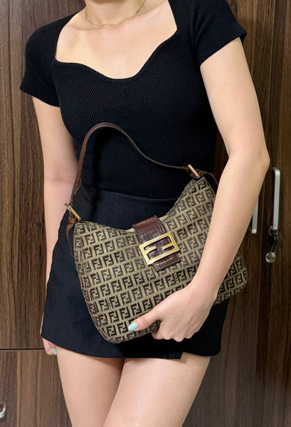 Authentic FENDI Beige / Brown Zucchino Canvas Hobo Trimmed Mamma Baguette Shoulder Bag