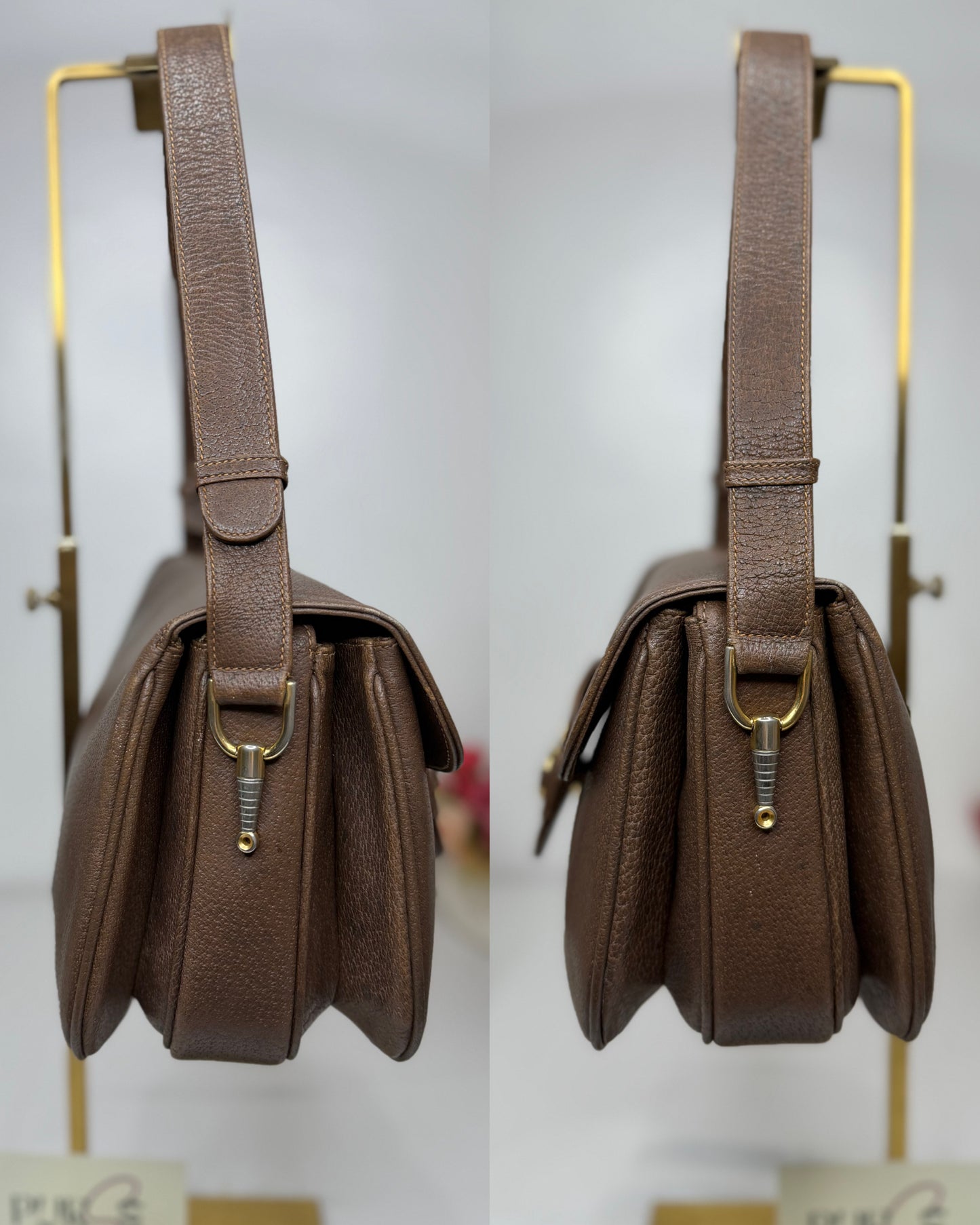 Authentic GUCCI 1955 Vintage Horsebit Shoulder & Crossbody Bag Brown Grained Leather | Mixed Gold & Silver Hardware