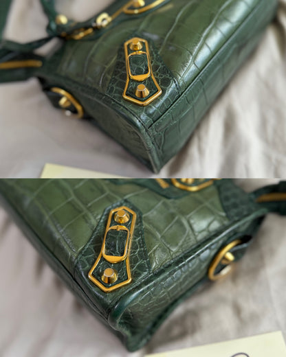 Authentic BALENCIAGA Green Croc-Embossed Leather Mini Classic Metallic Edge City Bag
