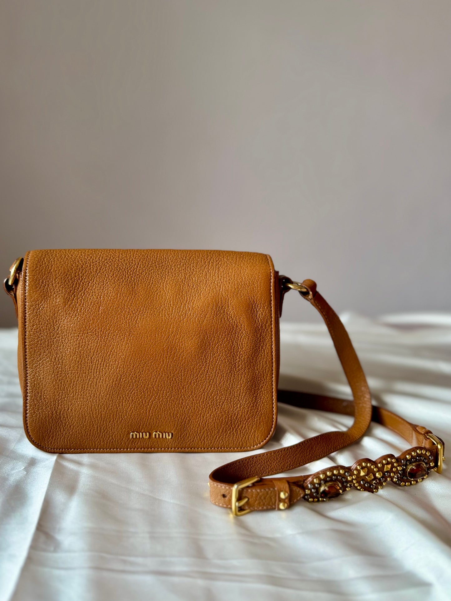 Authentic MIU MIU Madras Ribbon Camel Brown Leather Crystal Studs Embellished Shoulder Crossbody Bag